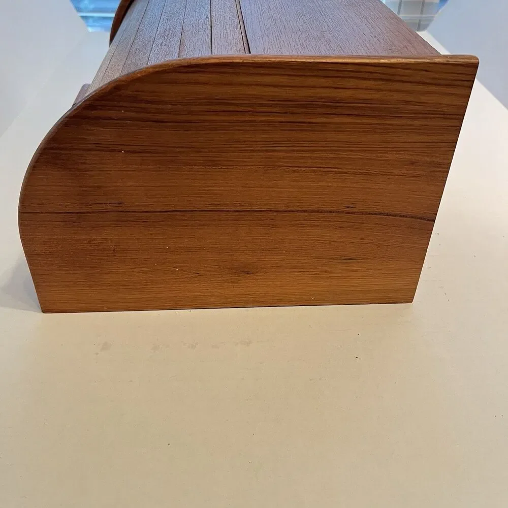 Vintage MCM Teak Tambour Wooden Roll Top Bread Box Baker Heart Stuart